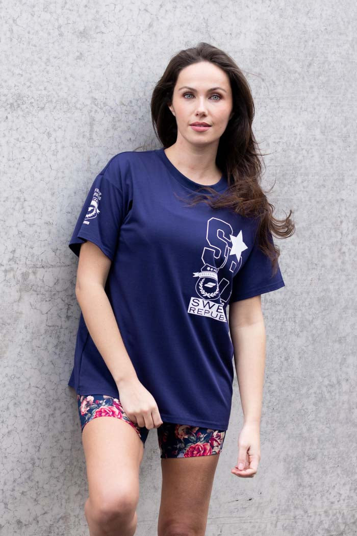 Navy t-shirt with white print