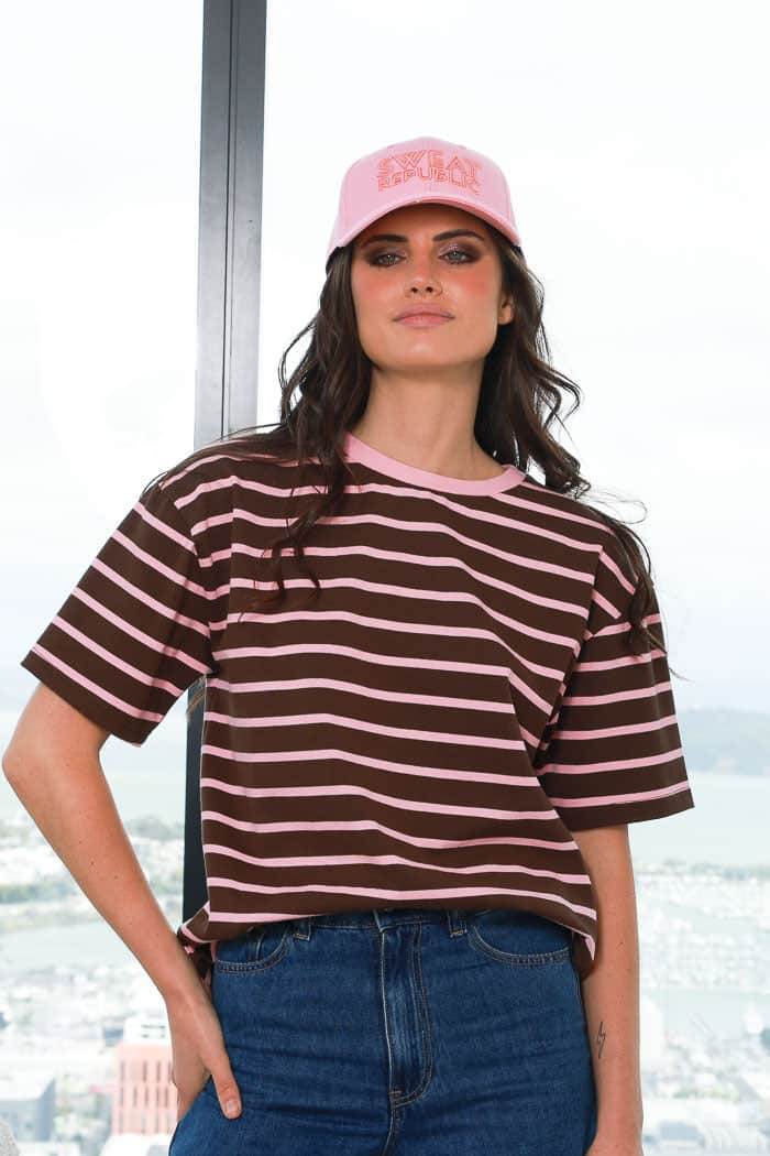 chocolate dark brown with pink stripes t-shirt