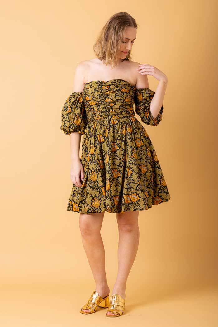 green floral strapless dress