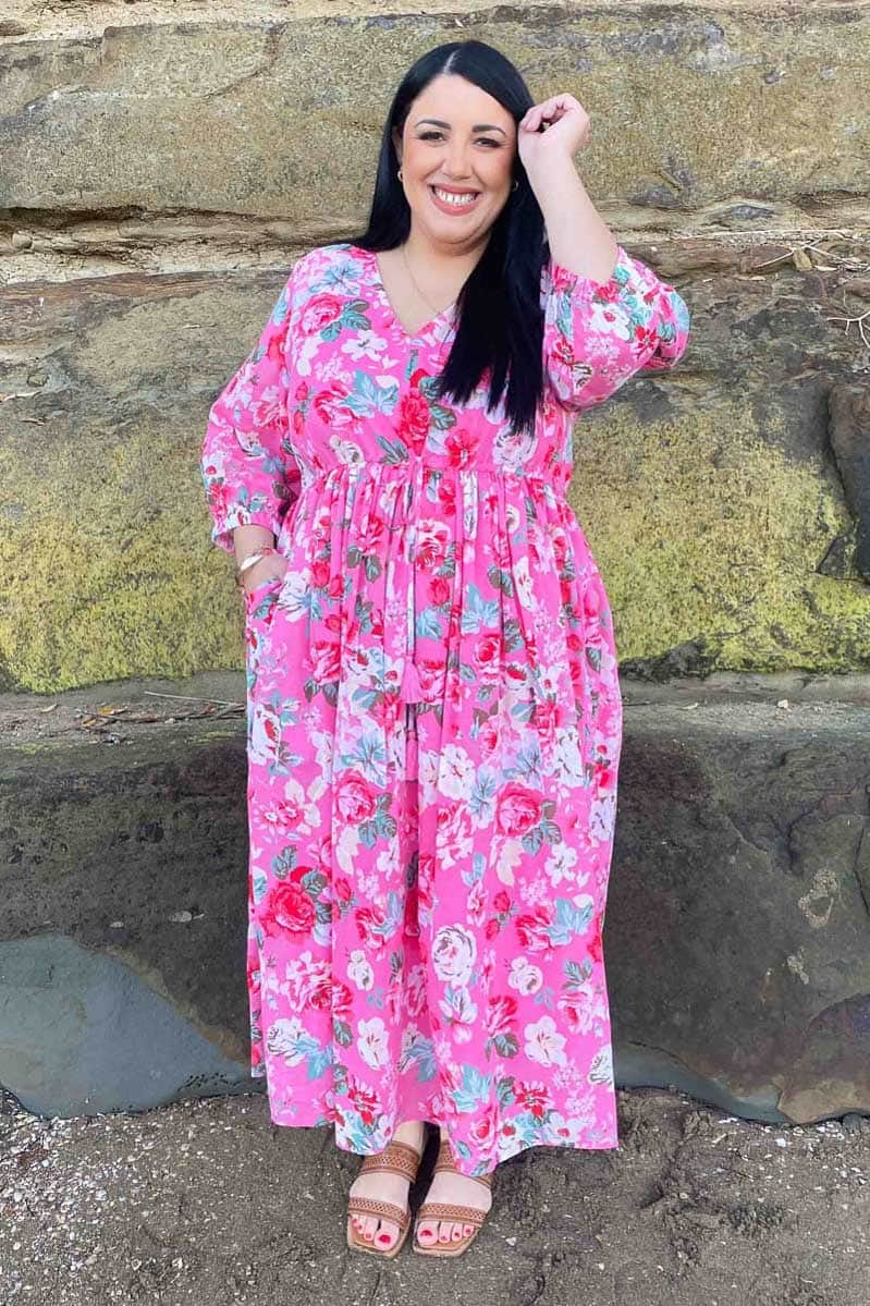 pink floral midi dress plus size