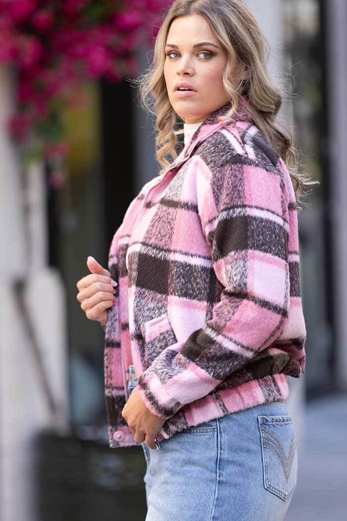 Saskia Bomber Jacket Pink Brown Tartan 3