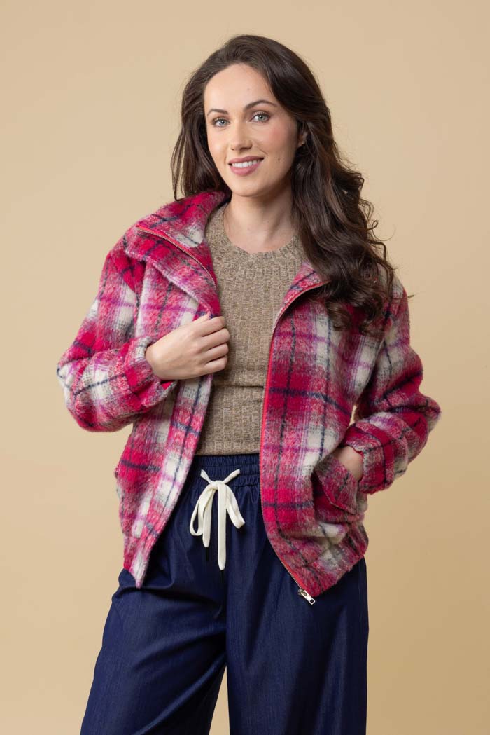 pink tartan bomber jacket plus size