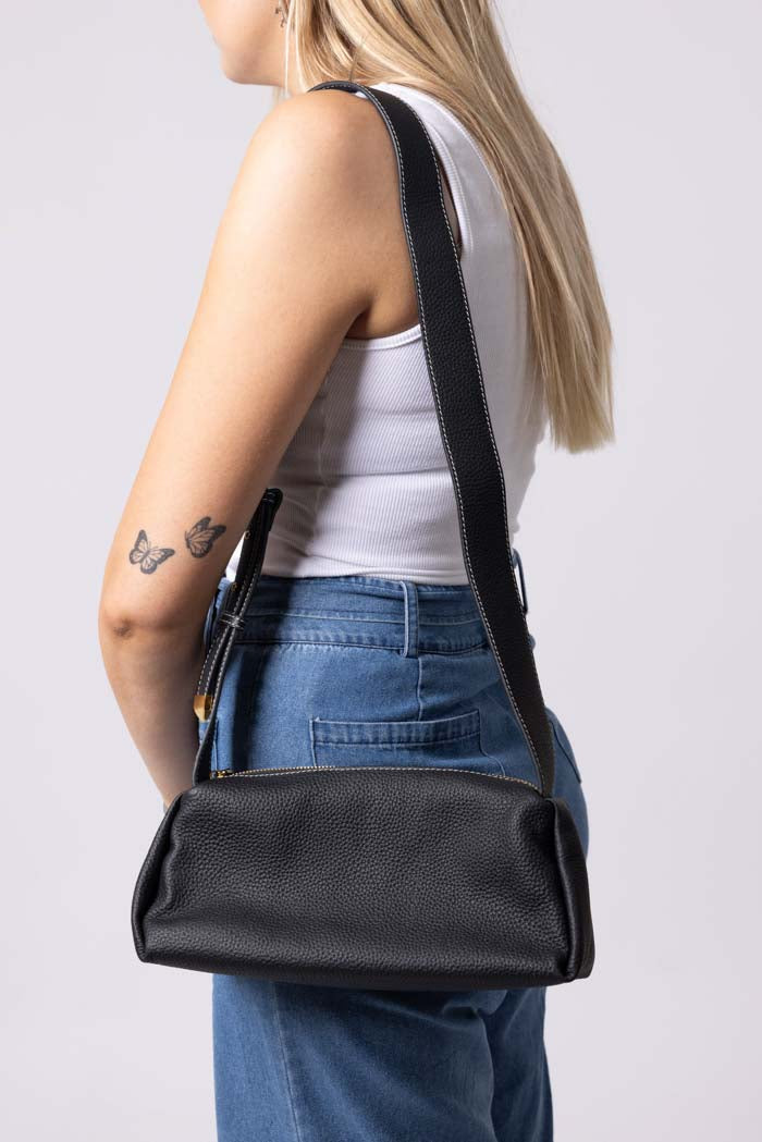 black leather handbag