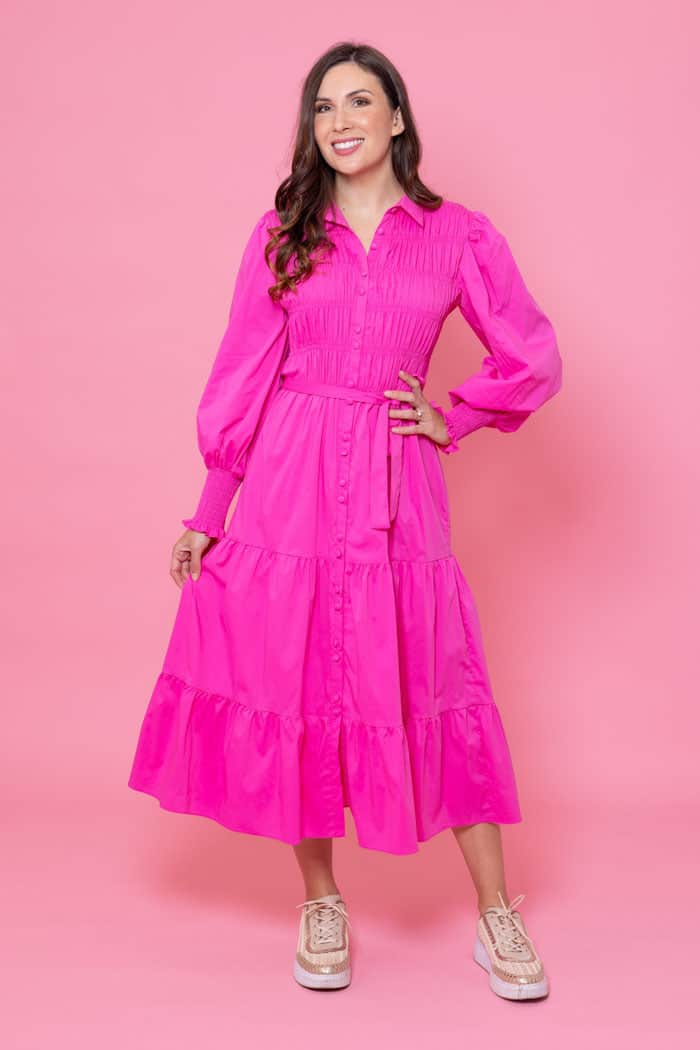 pink midi shirt dress