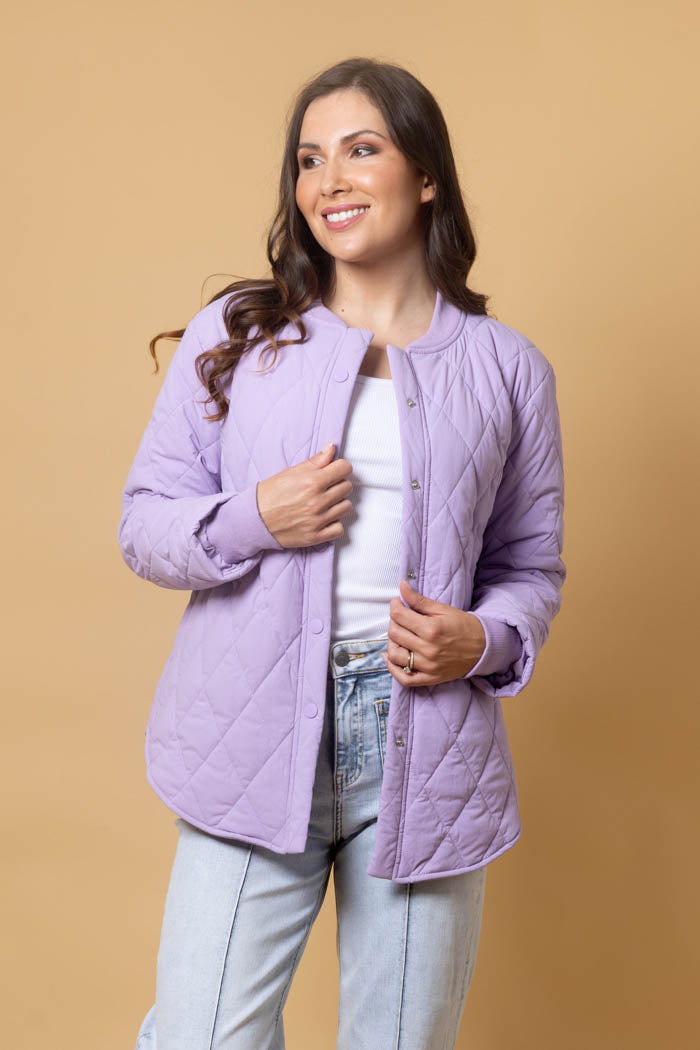 lilac quilted bomber jacket