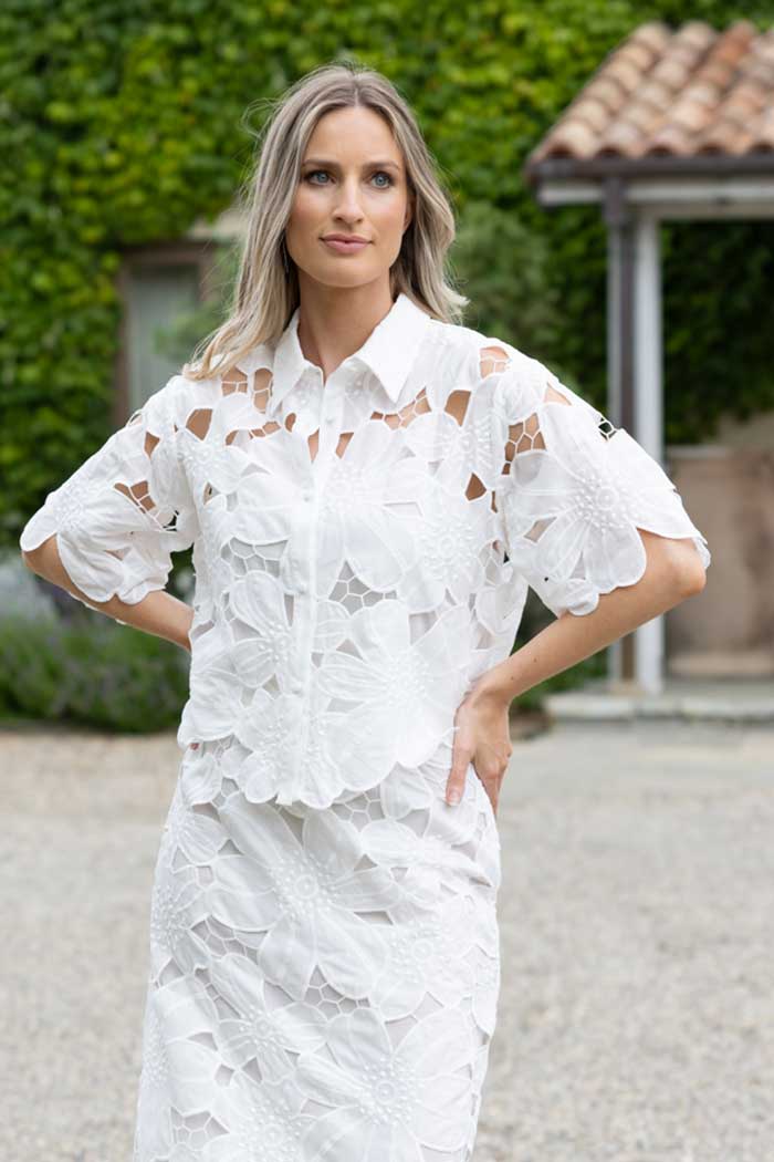 crisp white floral cutout shirt