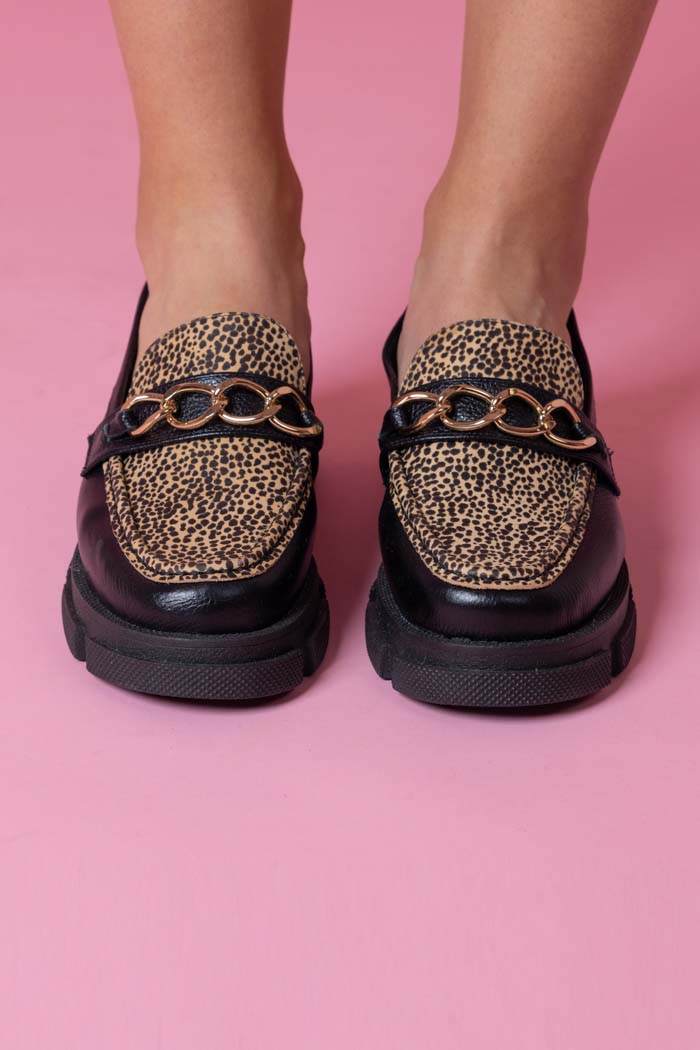 black leopard loafers