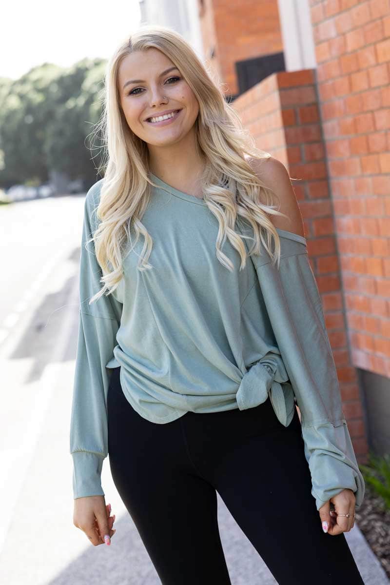 green oversized one off shoulder top long sleeve