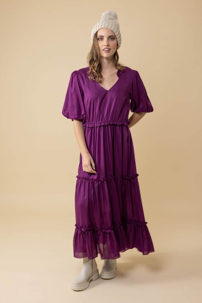 purple tiered maxi dress