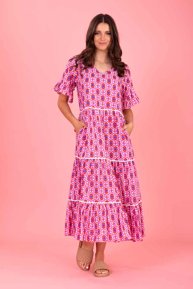 pink tiered midi dress
