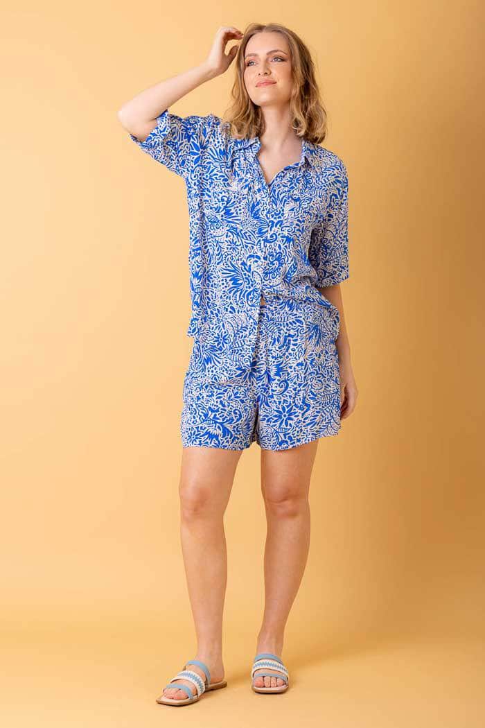 blue floral shorts