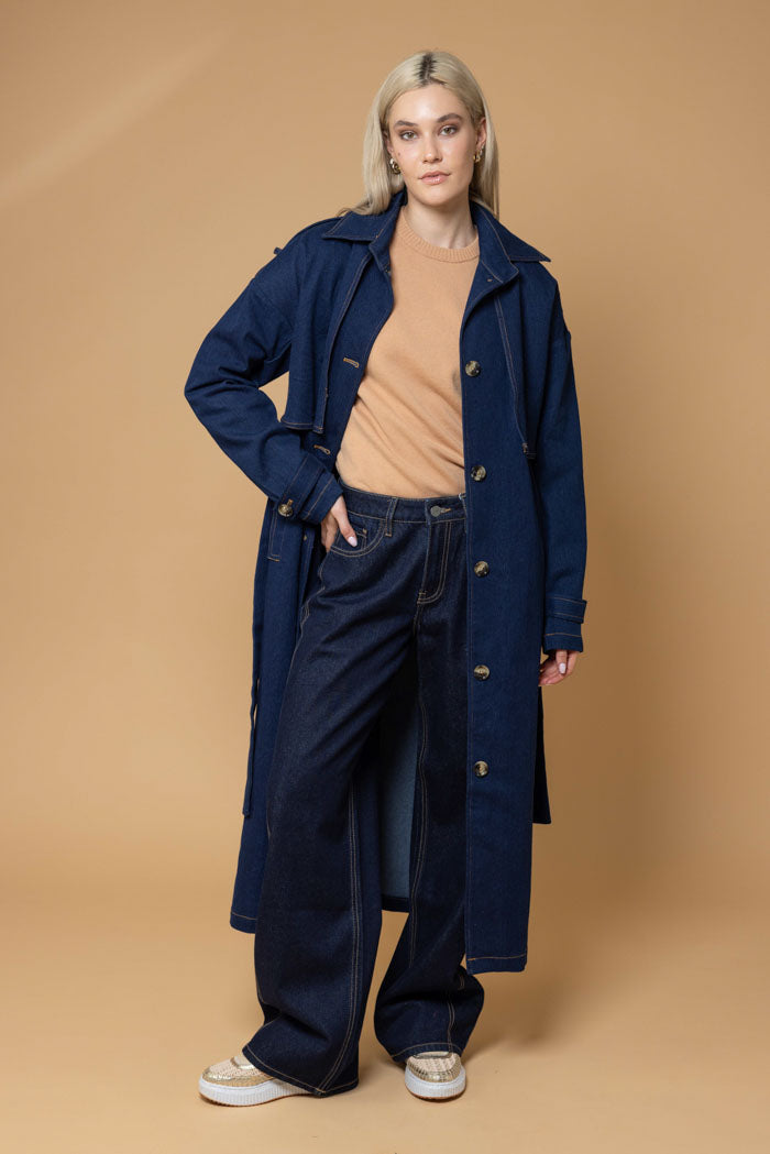 navy denim trench coat