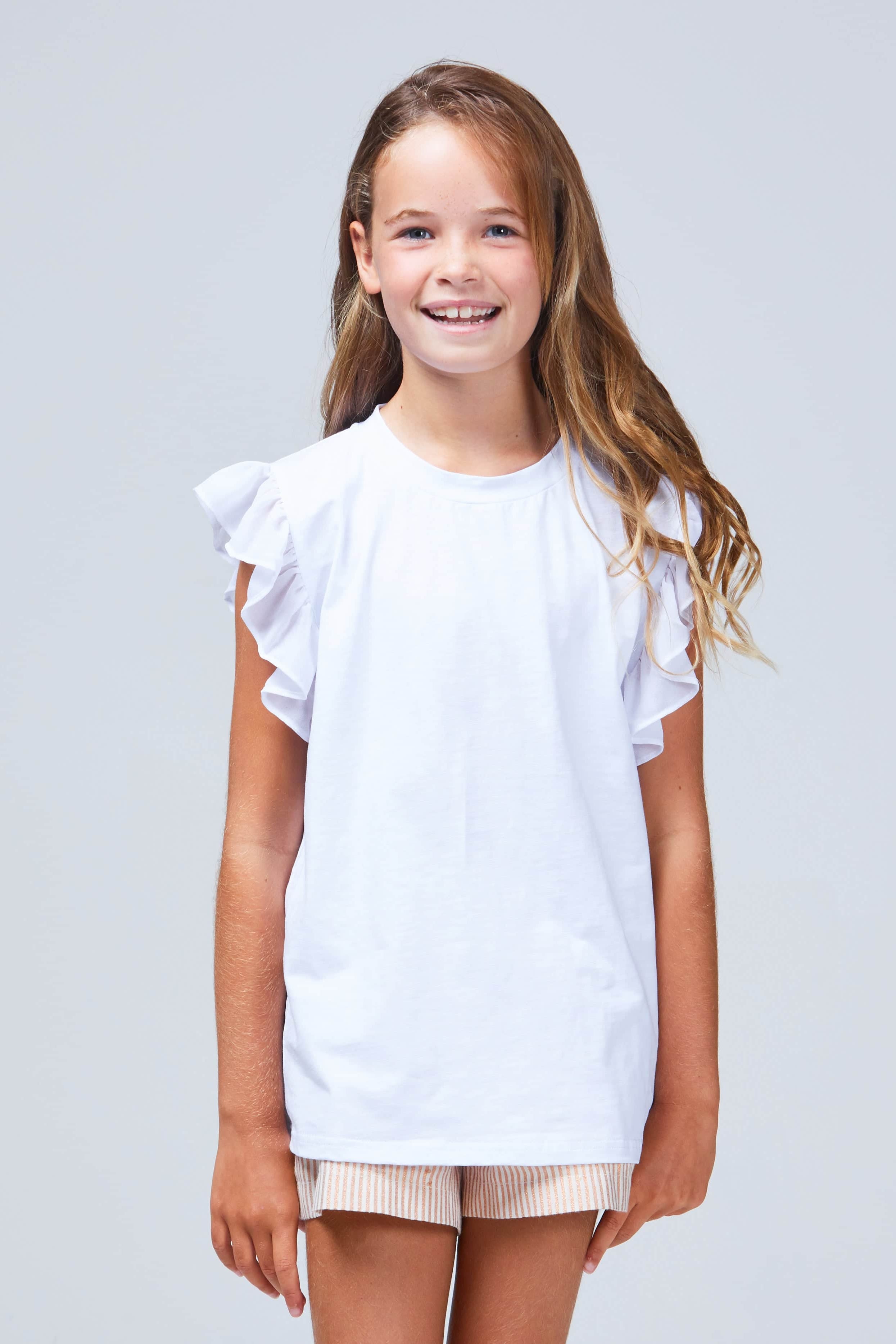 girls frill sleeve tee white