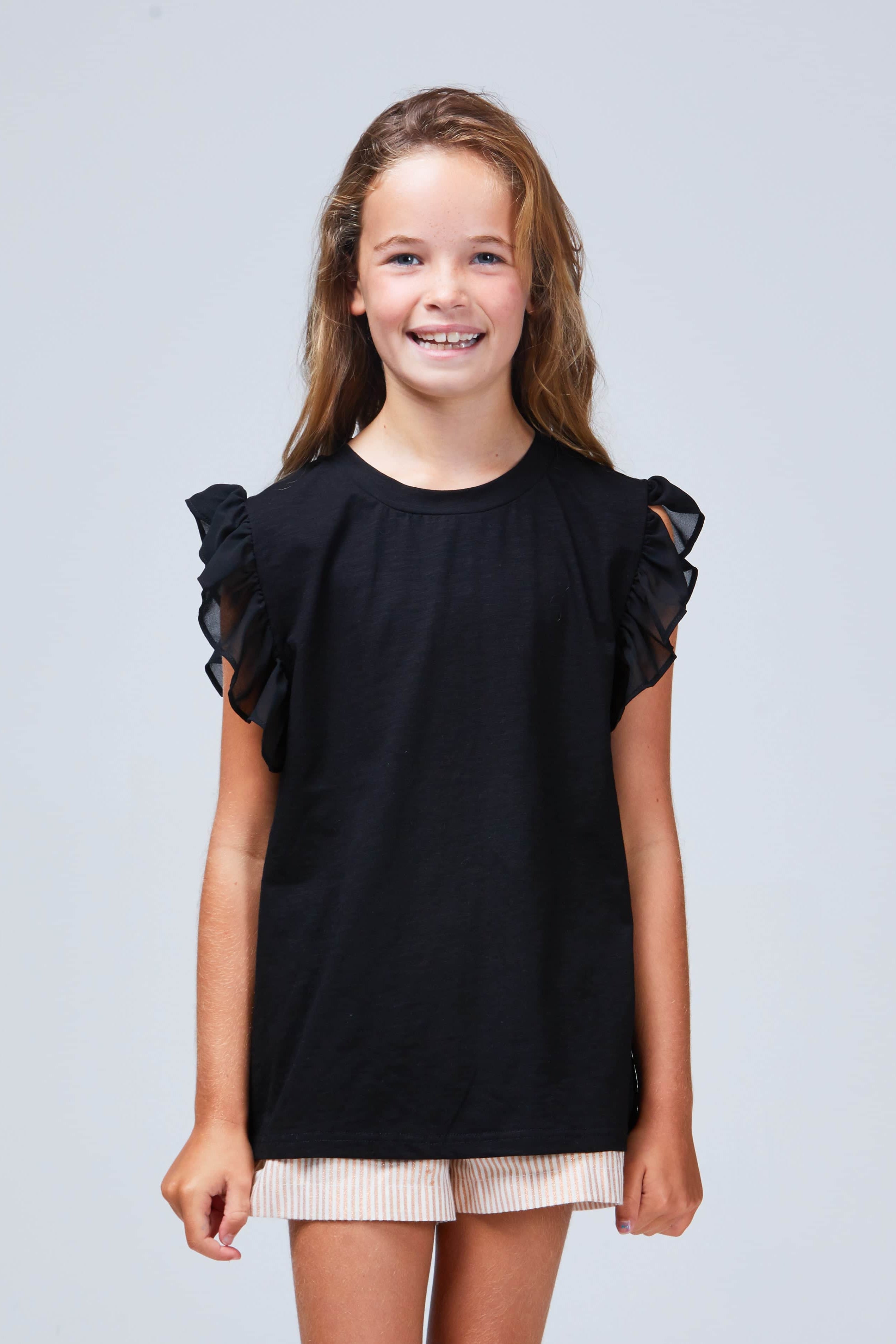 girls frill sleeve tee black