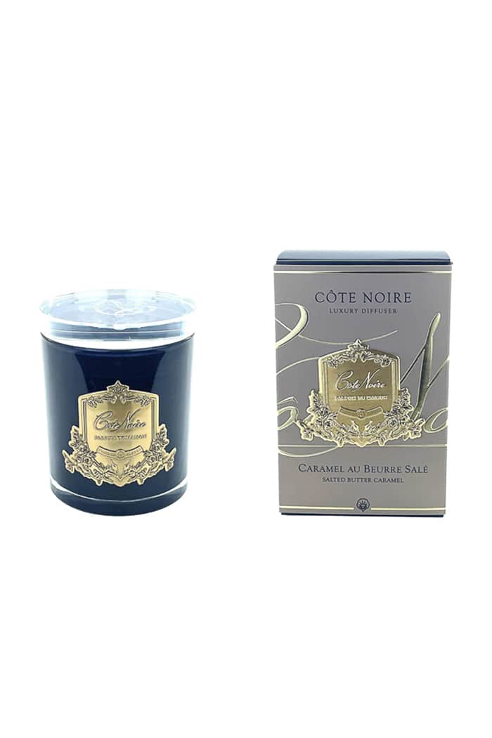 Cote Noire Candle Dark Vessel with Gold Badge Salted Butter Caramel 450g
