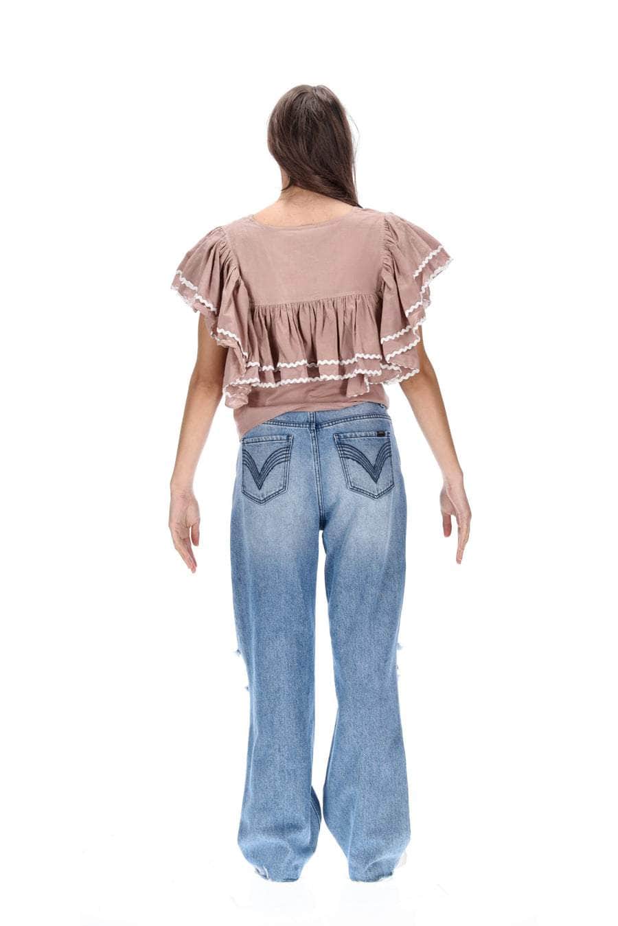 beige brown tan top with layers of gathered frills white trim ric rac