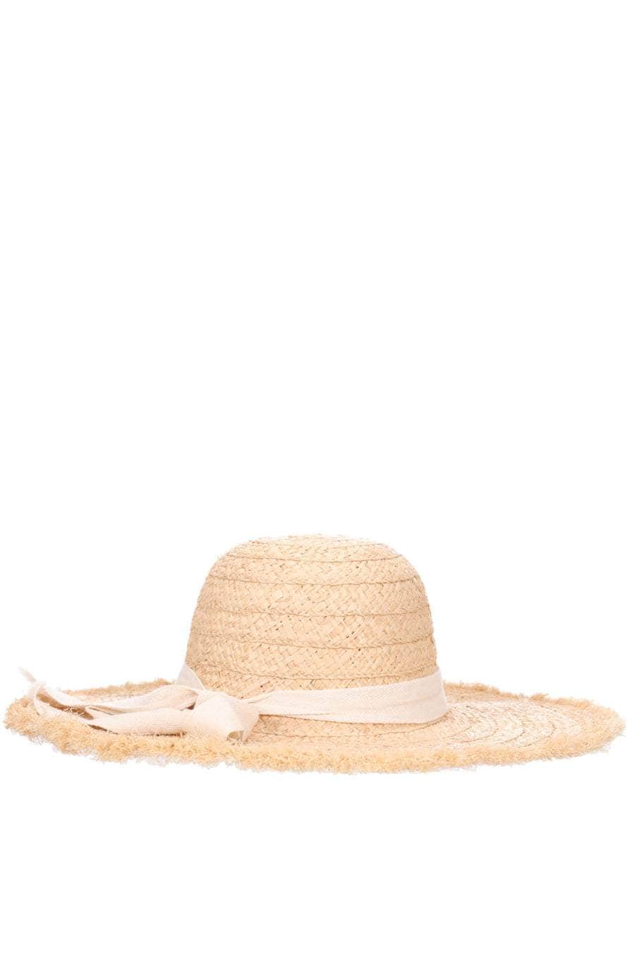 tan woven summer hat with white bow