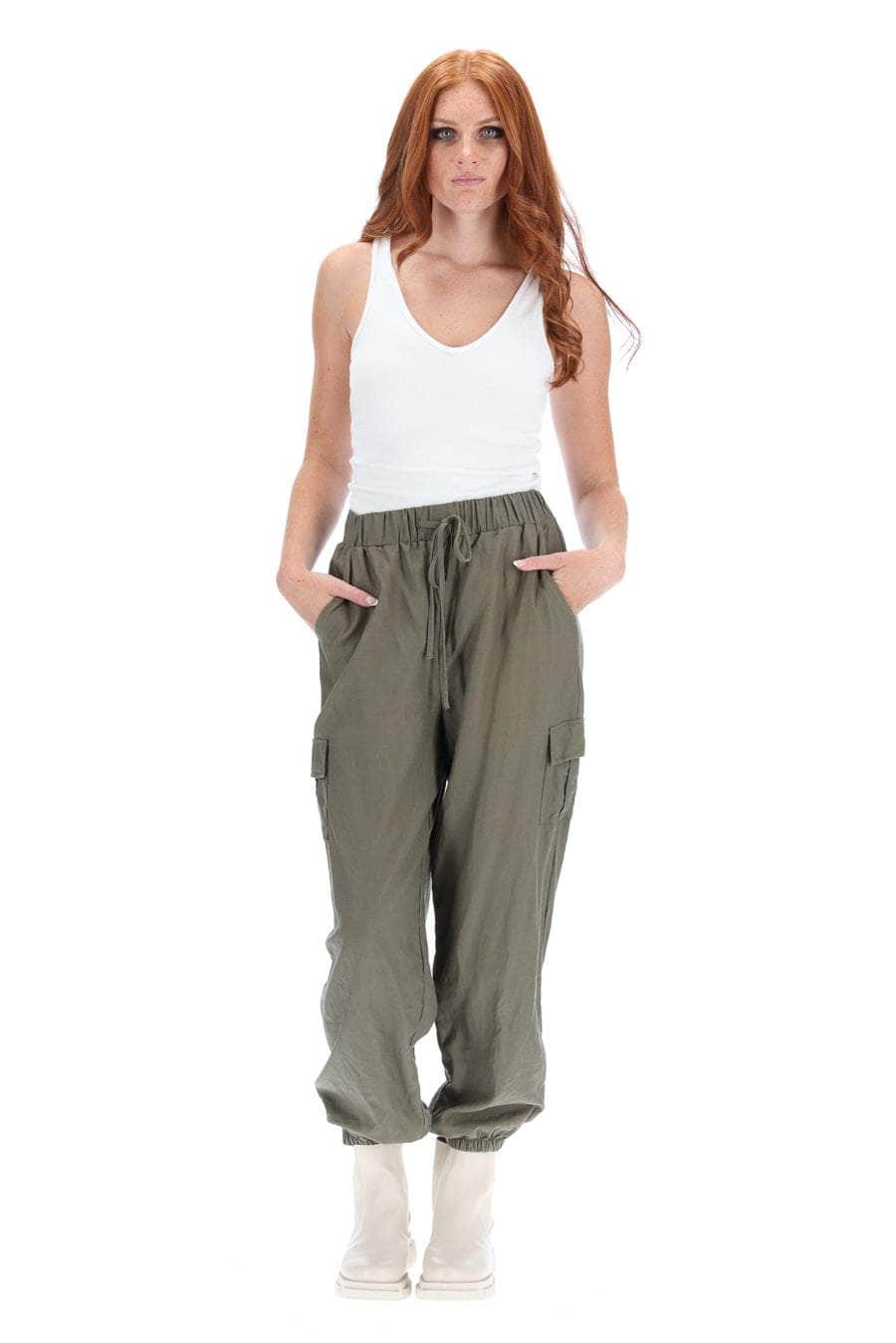 Hannah Cargo Pant Khaki elastic waistband