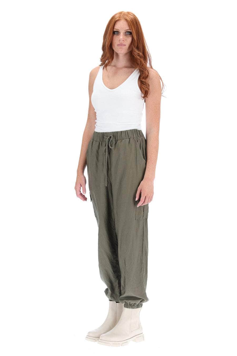 Hannah Cargo Pant Khaki elastic waistband