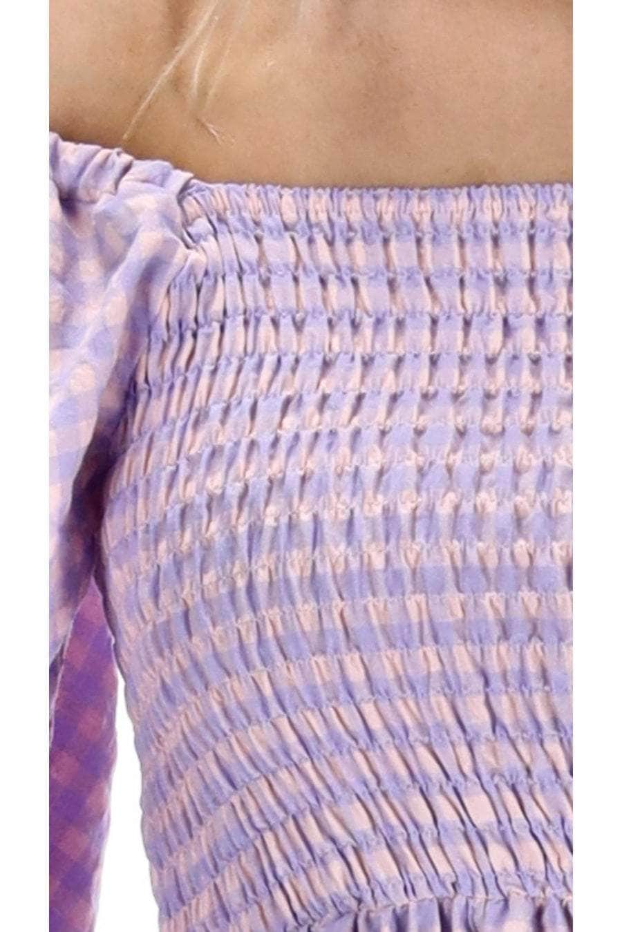 lilac gingham print midi dress shirred bodice.