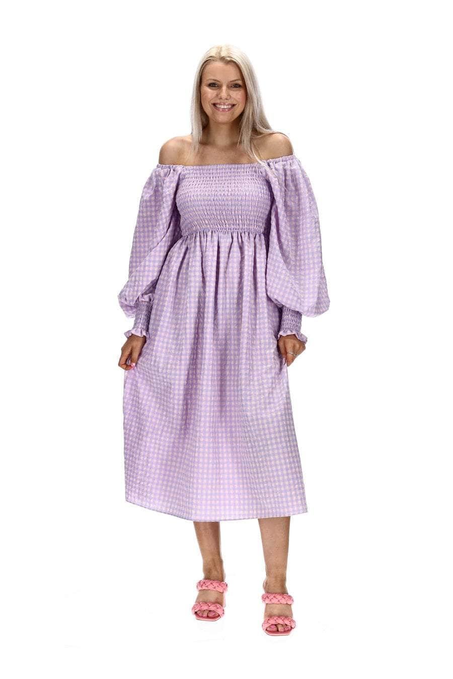 lilac gingham print midi dress shirred bodice.