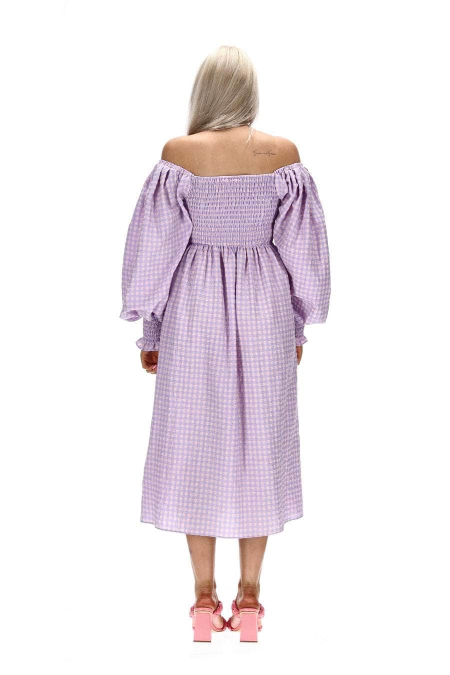 lilac gingham print midi dress shirred bodice.