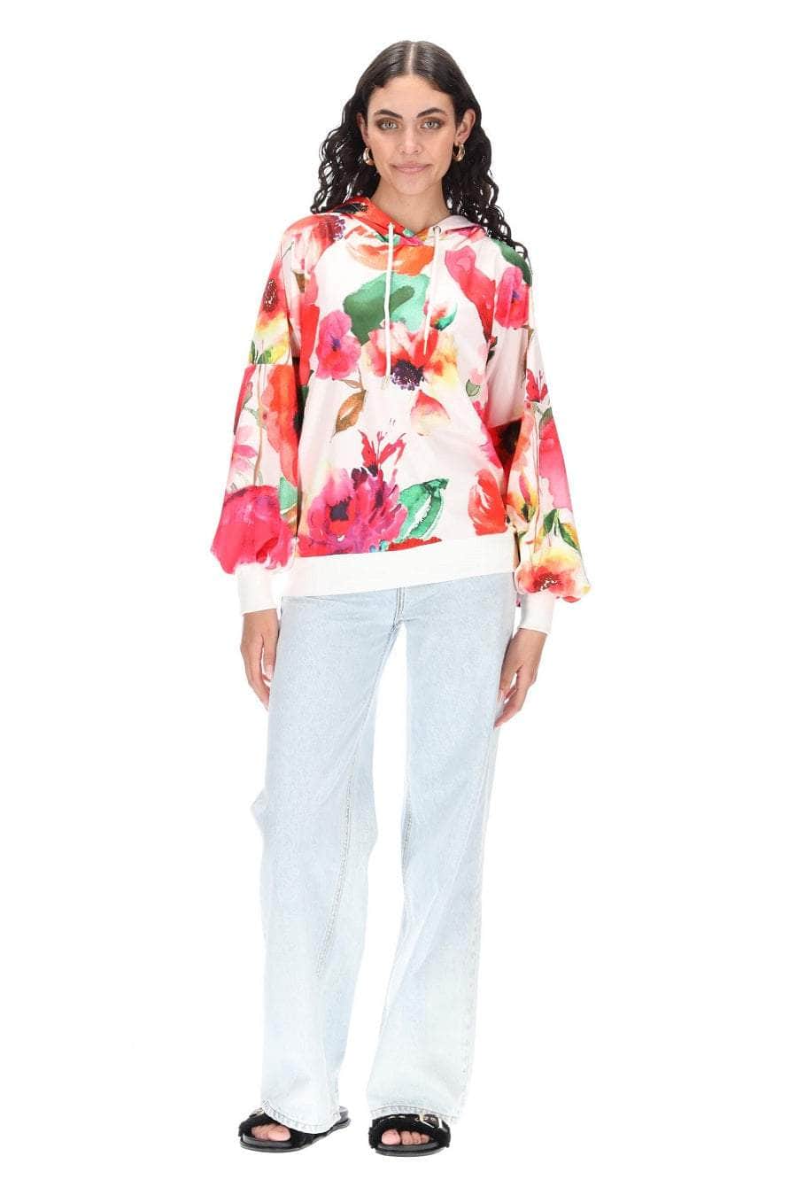 A white pink floral print hoodie ribbing cropped