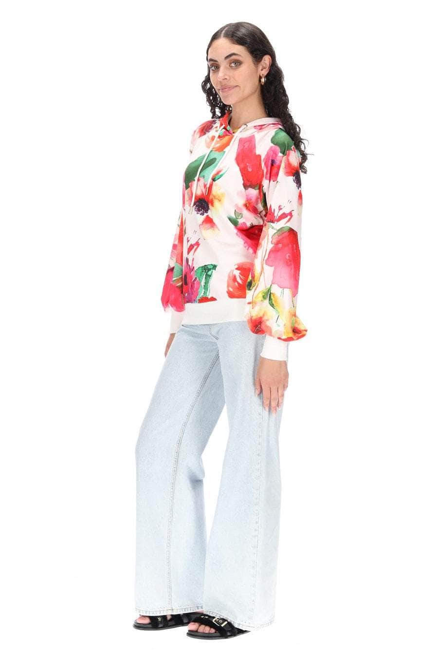 A white pink floral print hoodie ribbing cropped