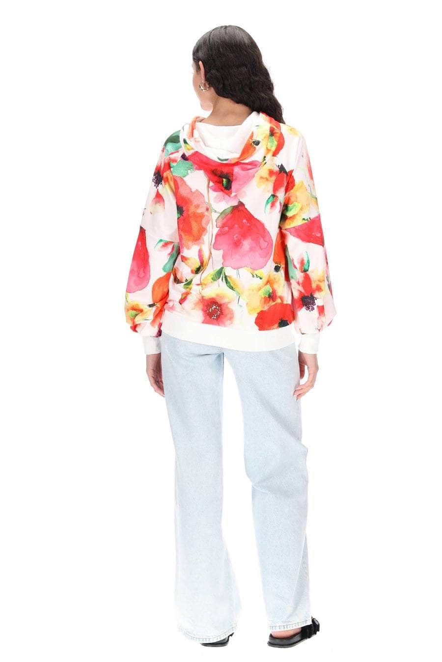 A white pink floral print hoodie ribbing cropped