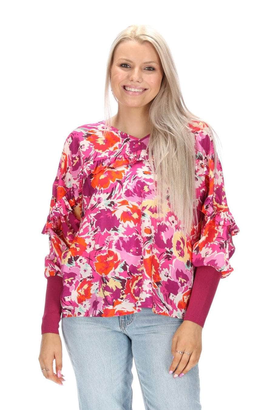 pink floral print V neck top ribbing