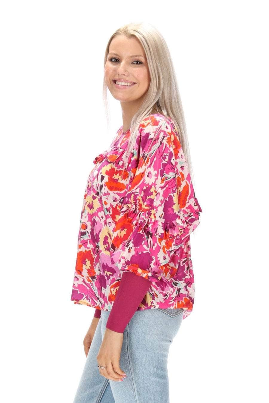pink floral print V neck top ribbing
