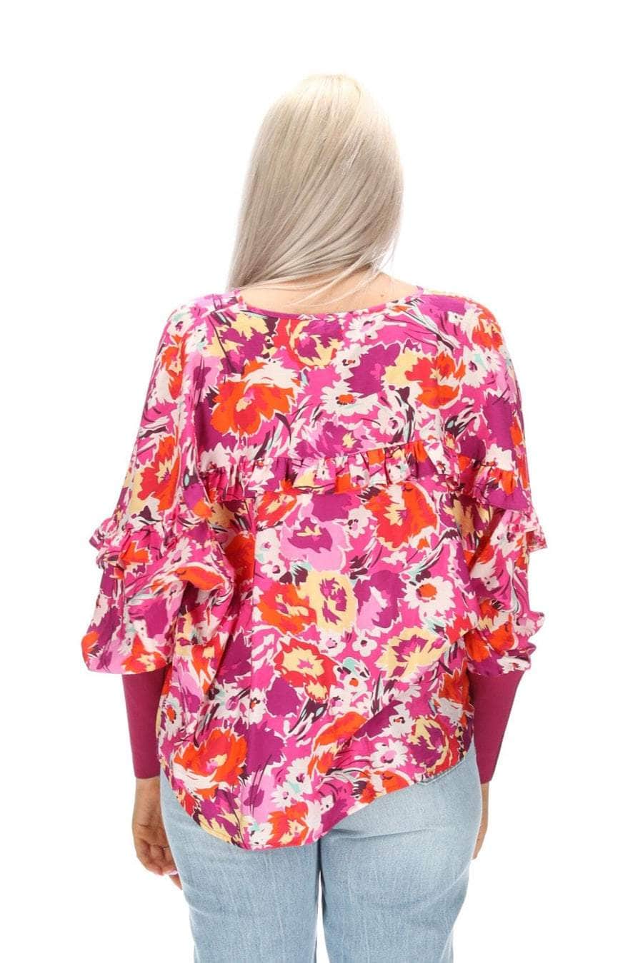 pink floral print V neck top ribbing
