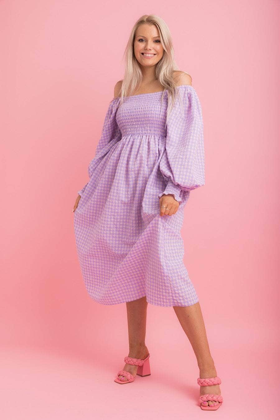 lilac gingham print midi dress shirred bodice.