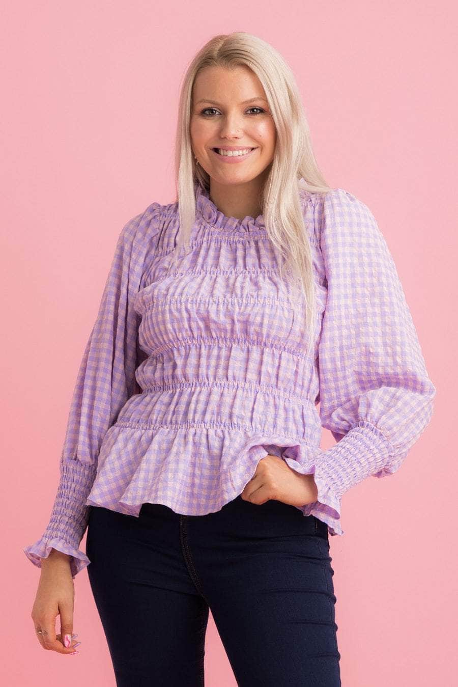 lilac gingham print top with shirred seams