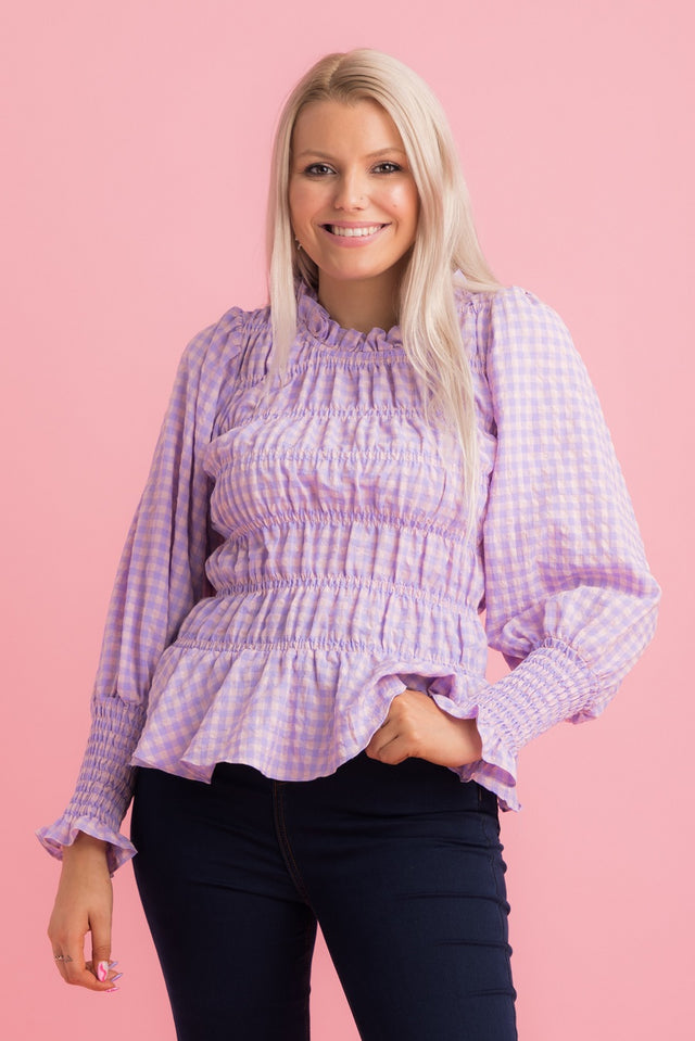 lilac gingham print top with shirred seams