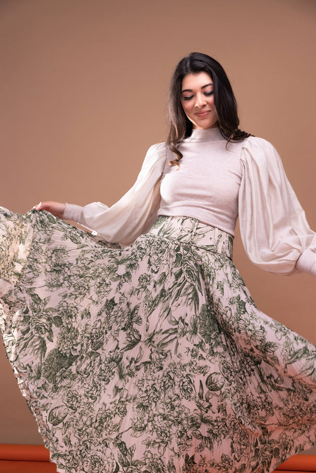 green and beige floral maxi skirt