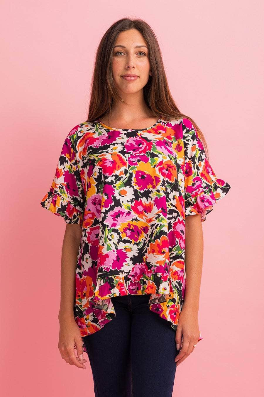 black and pink floral tee