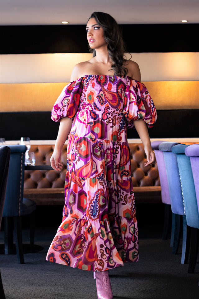 Off-Shoulder Maxi Dress Puffy Sleeves 