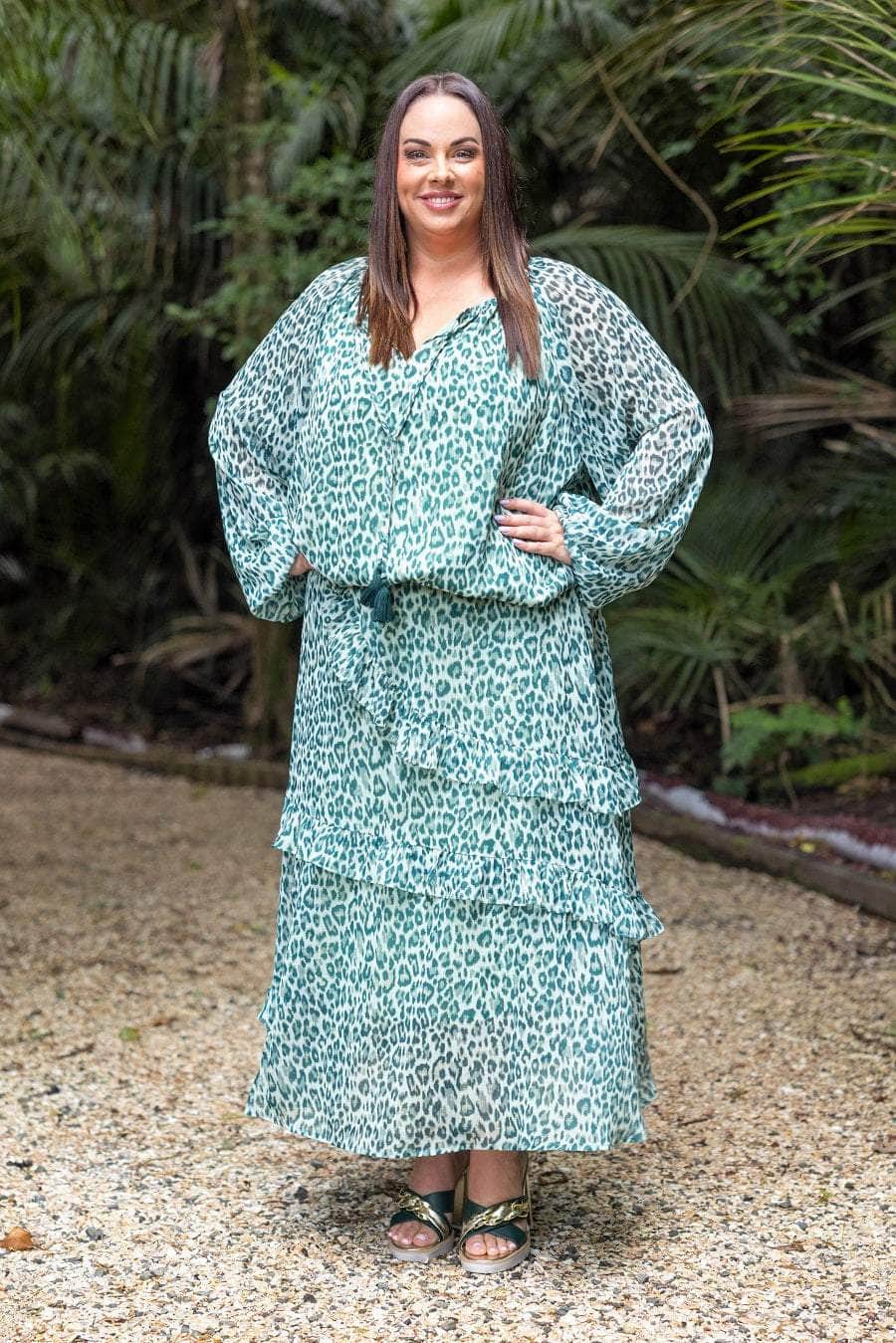blue green leopard maxi skirt plus size