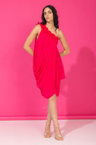 hot pink one shoulder midi dress