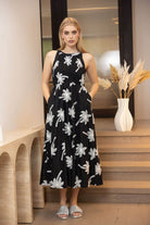 black halter neck embroidered midi dress