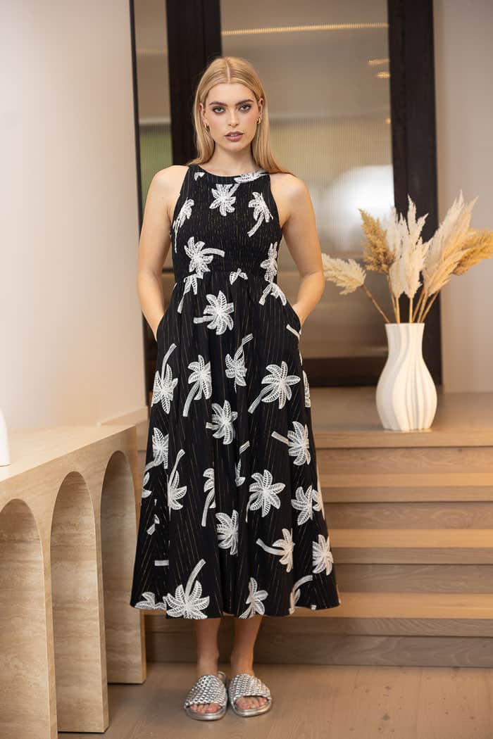 black halter neck embroidered midi dress