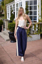 Navy wide leg pant with cream stripe