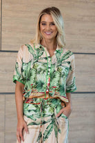 beige short-sleeve button-front shirt