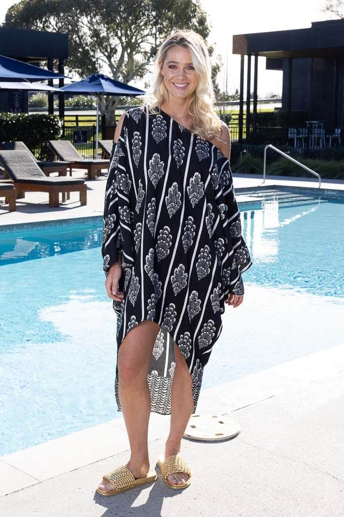 black overthrow kaftan with white shells print