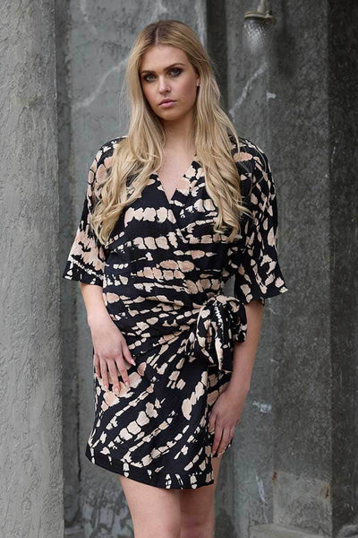 Aurora Wrap Mini Dress Black Beige Print – Augustine