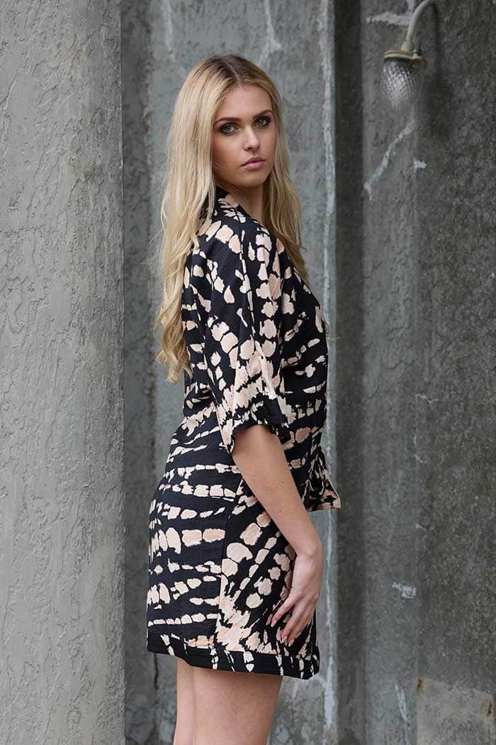 Aurora Wrap Mini Dress Black Beige Print Augustine Aurora Wrap Mini Dress Black Beige Print Augustine