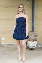 navy strapless bubble mini dress