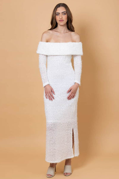 white off shoulder sequin dress Pepe Off The Shoulder Sequin Maxi Dress White – Augustine