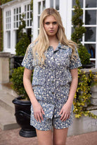 Navy and white embroidered shirt